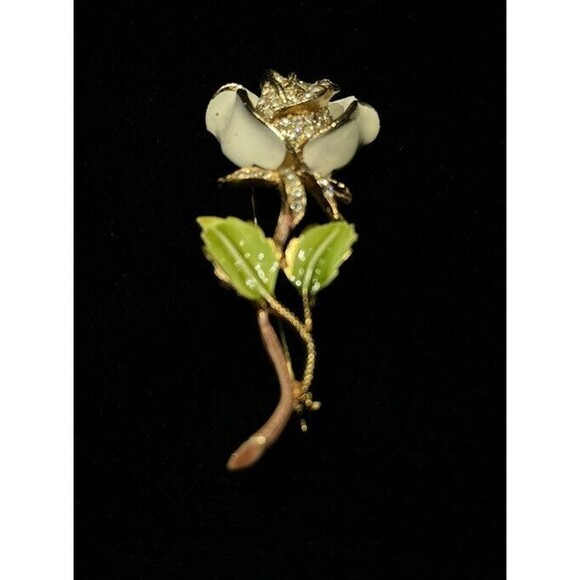 KRAMER OF NEW YORK FLOWER ROSE PIN BROOCH VINTAGE WHITE ENAMEL RHINESTONE SIGNED - Picture 4 of 7